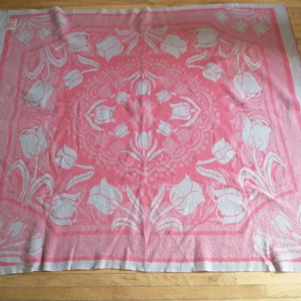 Vtg ORR HEALTH All Wool Blanket Holland Tulip Pink Reversible USA 69x79 *READ